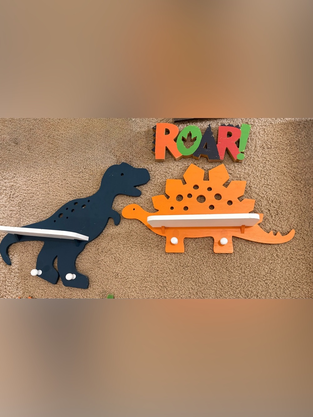 Wooden Blue and Orange Dinosaur Wall Shelf and Hooks for Kids, and Roar sign